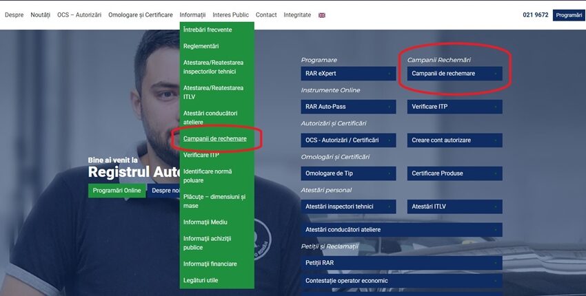 Secţiune dedicată campaniilor de rechemare pe site-ul RAR