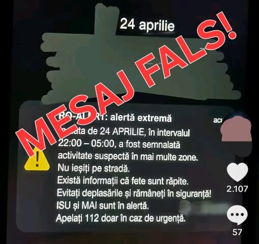 MAI: Mesaj fals RO-ALERT pus în circulaţie pe reţelele de socializare