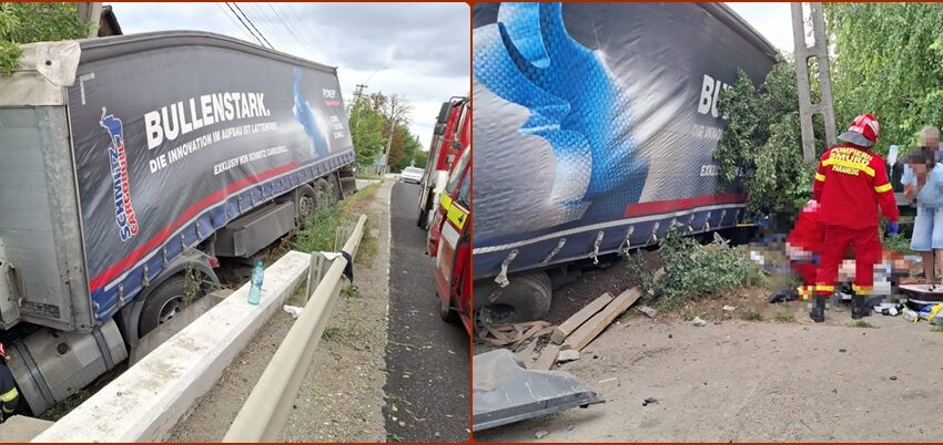 Două persoane au ajuns la spital, după ce un TIR a intrat într-un cap de pod